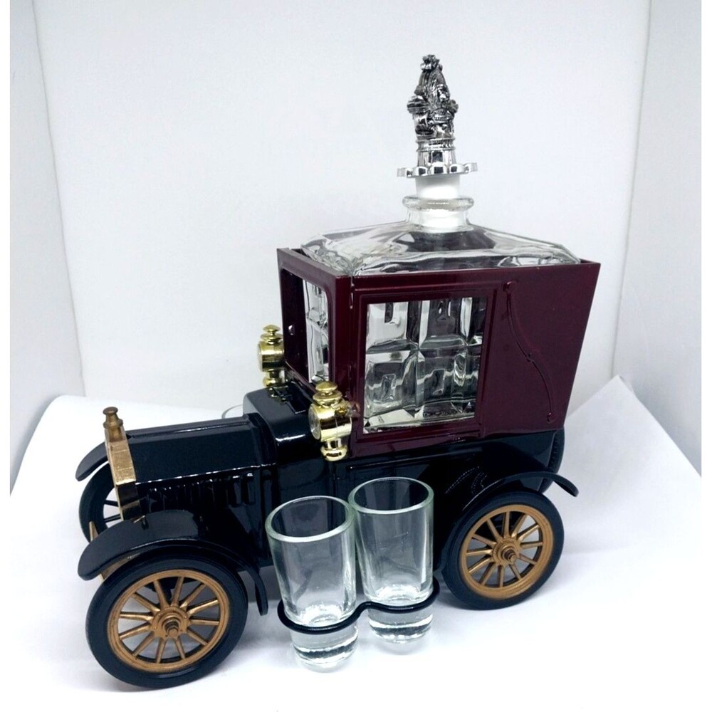 Vintage Ford Model T 1918 Liquor Decanter Music Box Shot Glasses Japan Works.